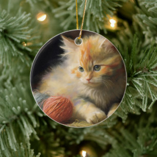 Knit Happens Orange Kitten Playing With Yarn Ceramic Ornament