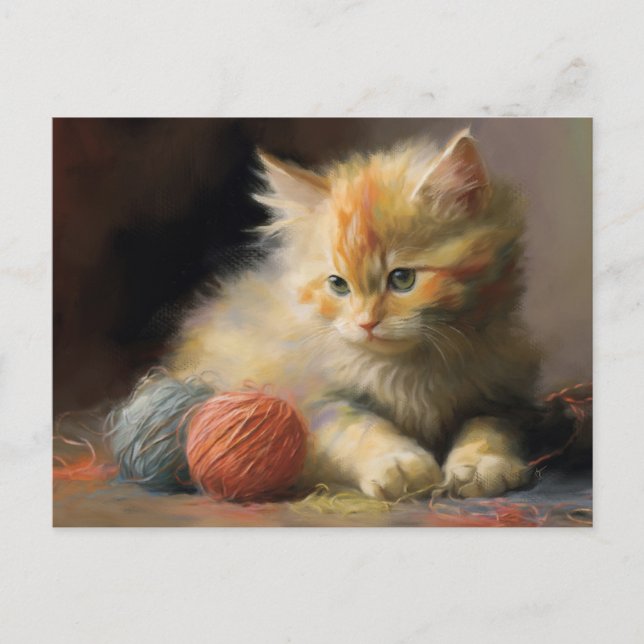 Knit Happens Orange Kitten Playing With Yarn Postcard (Front)