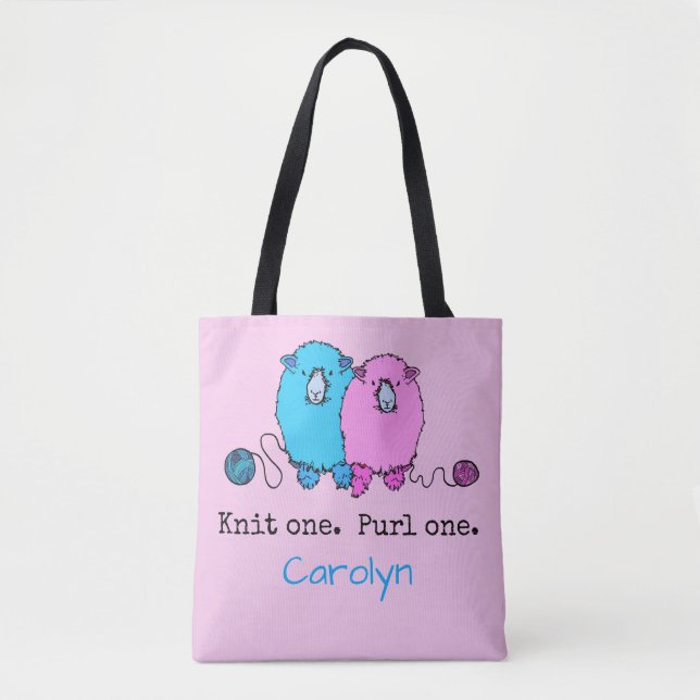 Knit one  Purl one.  Fun fluffy sheep personalised Tote Bag (Front)