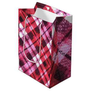 Knit Plaid Tartan Check Pink White Wine Pattern Medium Gift Bag
