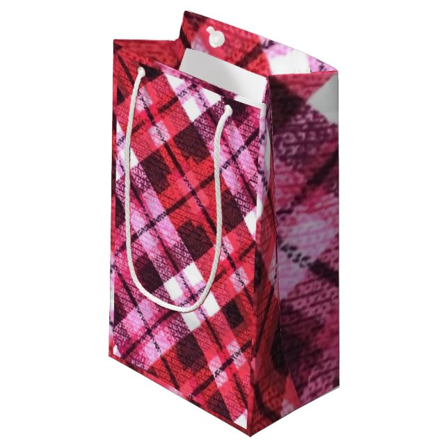 Knit Plaid Tartan Check Pink White Wine Pattern Small Gift Bag (Front Angled)