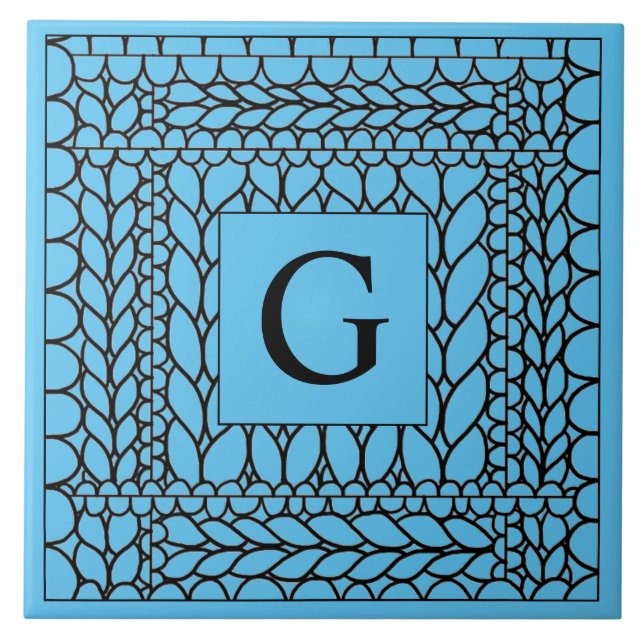 KNIT PURL BLUE Ceramic Tile + Initial  (Front)