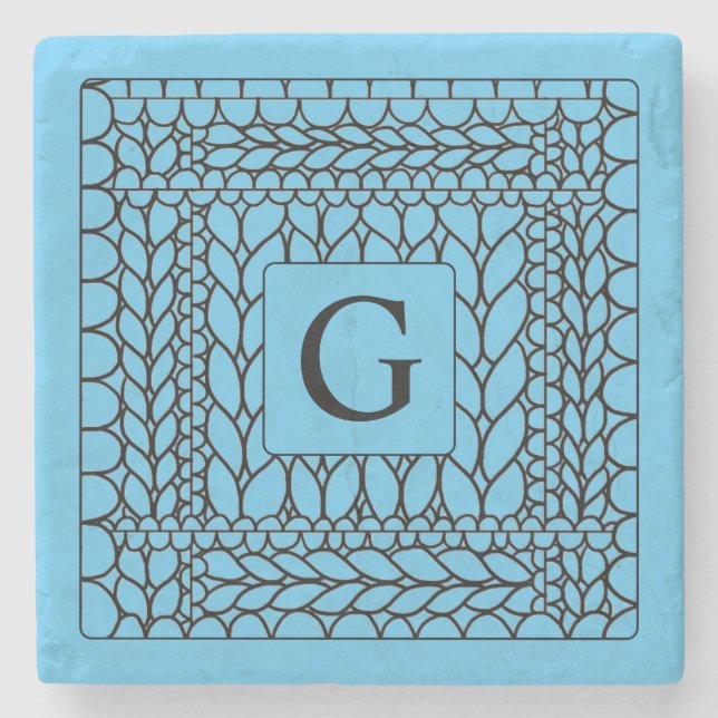 KNIT PURL BLUE Marble Stone Coaster + Initial  (Front)