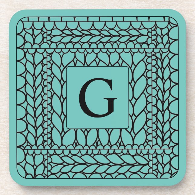 KNIT PURL TEAL Hard Plastic Coasters + Initial (Front)