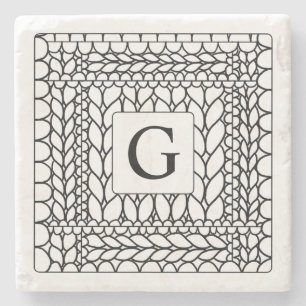 KNIT PURL WHITE Marble Stone Coaster + Initial