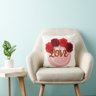 Knit Smiley Face Red Rose Love Valentine Floral T- Cushion