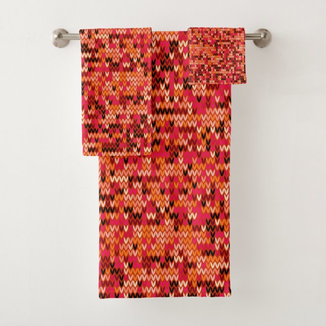Knitted abstract Scandinavian pattern in red shade Bath Towel Set (Insitu)