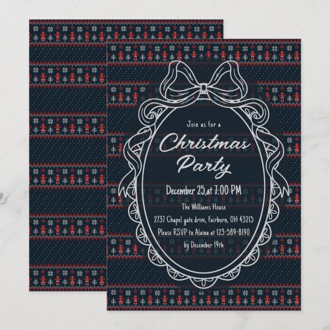 Knitted Christmas Pattern Bow Frame Holiday Party Invitation (Front/Back)