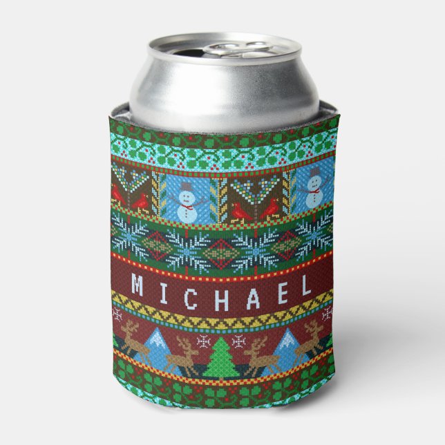 Knitted Christmas Snowmen Reindeer Holiday | Name Can Cooler (Can Front)