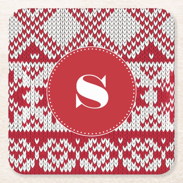 Knitted  Christmas Square Paper Coaster (Front)
