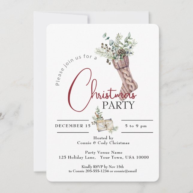 KNITTED CHRISTMAS STOCKING WITH GREENS PARTY INVITATION (Front)