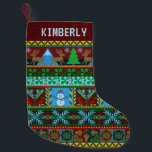 Knitted Christmas Sweater Reindeer Snowman | Name Small Christmas Stocking<br><div class="desc">This unique, festive holiday stocking is perfect for hanging by the fireplace at Christmastime. It includes an original faux knitted pattern made up of reindeer, snowmen, snowflakes, mistletoe, acorns, birds, mountains and much more. The design is made in pretty shades of red, green, blue, and golden yellow. Use the easy...</div>