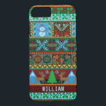 Knitted Christmas Sweater Snowman Reindeer | Name iPhone 8/7 Case<br><div class="desc">This unique, festive holiday design includes an original faux knitted pattern made up of reindeer, snowmen, snowflakes, mistletoe, acorns, birds, mountains and much more. The design is made in pretty shades of red, green, blue, and golden yellow. Use the easy template to add your custom name or another short word....</div>