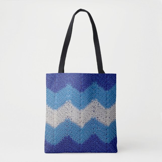 knitted fabric with striped figures blue and white tote bag (Front)