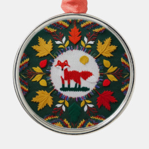 Knitted Fox Maple Leaf Woodland Round Ornament