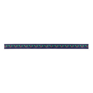 Knitted Mistletoe Pattern on Navy Blue Christmas Satin Ribbon