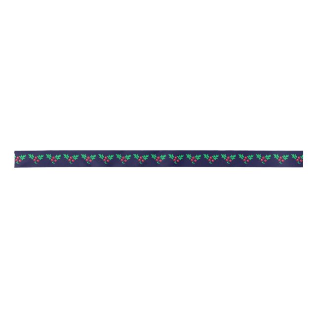 Knitted Mistletoe Pattern on Navy Blue Christmas Satin Ribbon (Front)