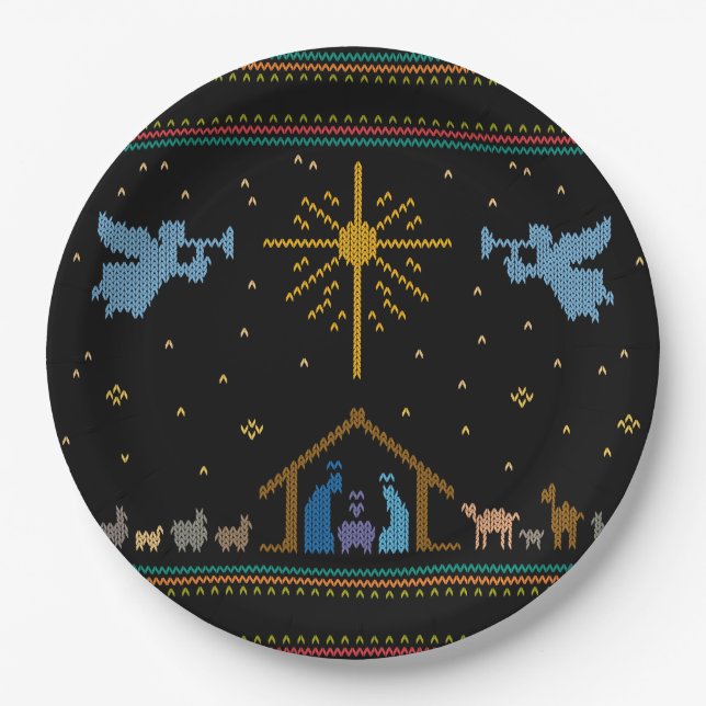 Knitted Nativity Ugly Christmas Sweater Christian Paper Plate (Front)