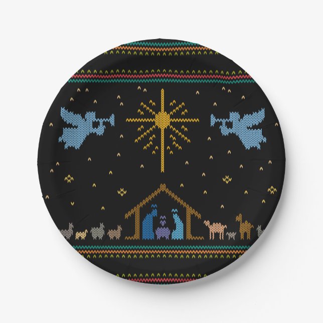 Knitted Nativity Ugly Christmas Sweater Christian Paper Plate (Front)