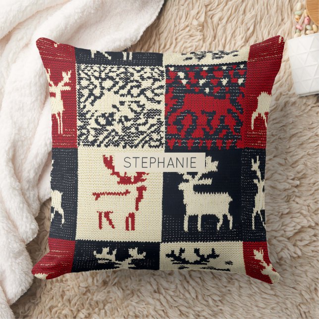 Knitted Patchwork Christmas Pattern | Rustic Cushion (Blanket)