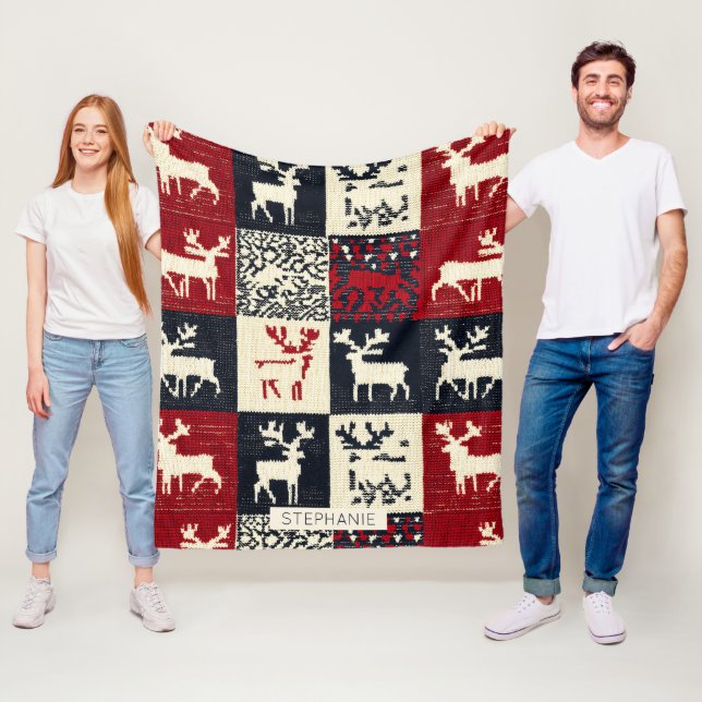 Knitted Patchwork Christmas Pattern | Rustic Fleece Blanket (In Situ)