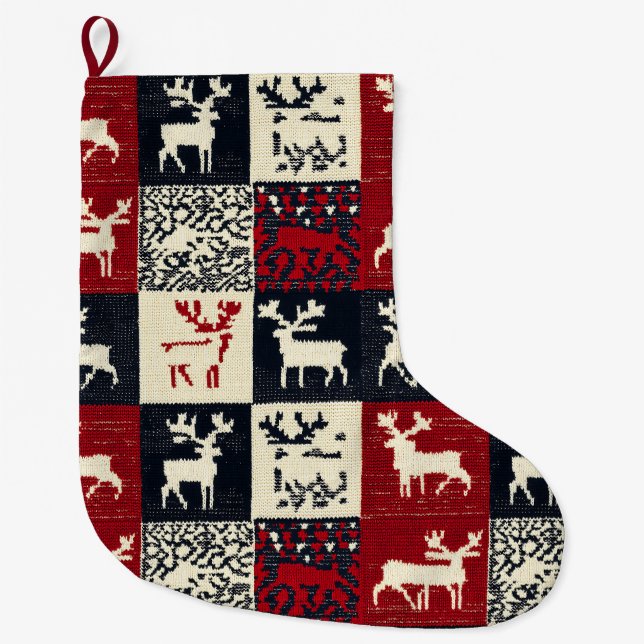 Knitted Patchwork Christmas Pattern | Rustic Large Christmas Stocking (Front)