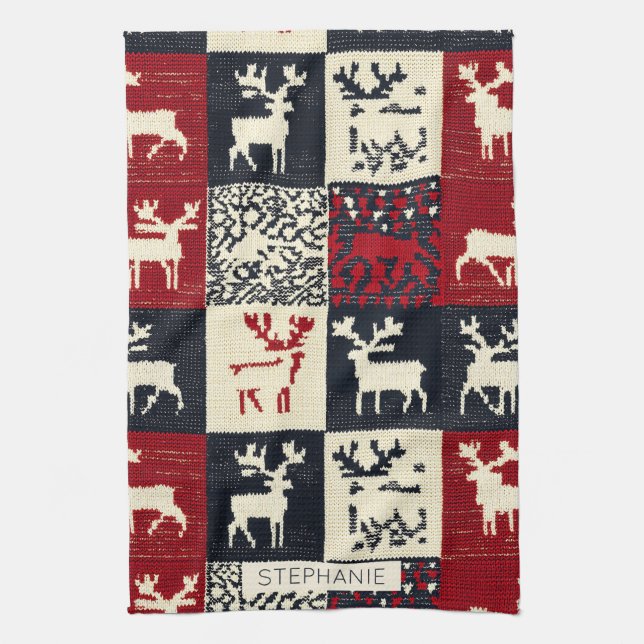 Knitted Patchwork Christmas Pattern | Rustic Tea Towel (Vertical)