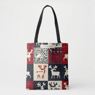 Knitted Patchwork Christmas Pattern   Rustic Tote Bag