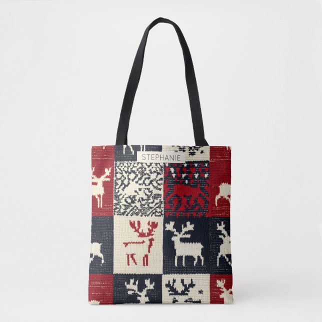 Knitted Patchwork Christmas Pattern | Rustic Tote Bag (Front)