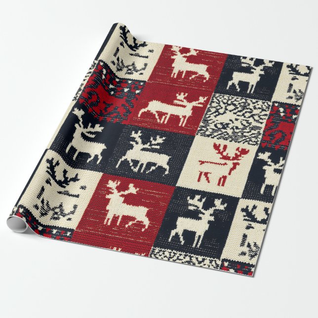Knitted Patchwork Christmas Pattern | Rustic Wrapping Paper (Unrolled)