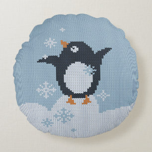 Knitted Penguin Snowflakes Winter Holidays Round Cushion