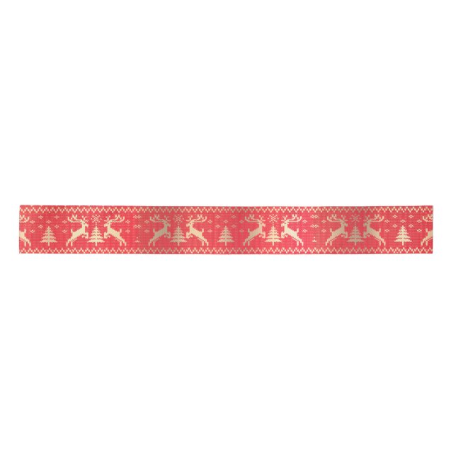 Knitted red and gold deers pattern satin ribbon (Front)