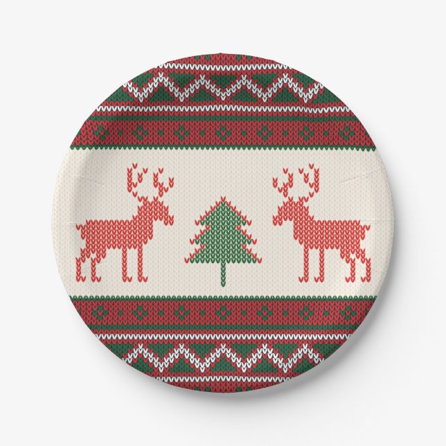 Knitted Reindeer Christmas Tree Pattern | Holidays Paper Plate (Front)