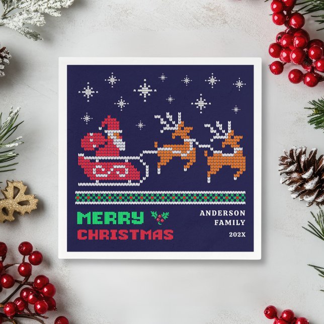 Knitted Santa Sleigh on Navy Blue Merry Christmas  Napkin (Creator Uploaded)