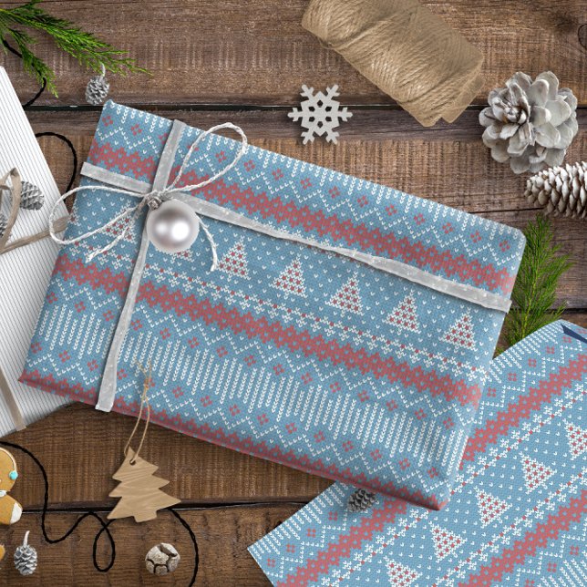 Knitted Stitch 10 Christmas Trees Blue ID208 Wrapping Paper (Creator Uploaded)