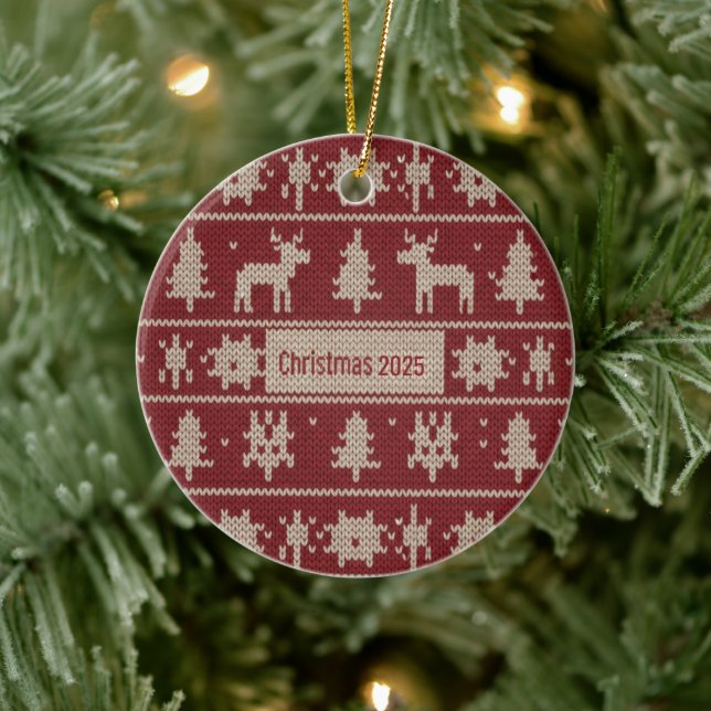 Knitted Sweater Pattern Classic Red & Cream Fair  Ceramic Ornament (Tree)