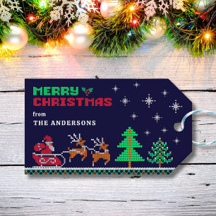 Knitted Winter Scenery with Santa Merry Christmas Gift Tags