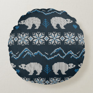 Knitted winter vintage seamless decorative pattern round cushion