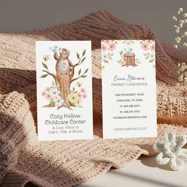 Knitted Woodland Bear Floral Childcare Daycare Business Card (Knitted Woodland Bear Floral Childcare Daycare Business Card)