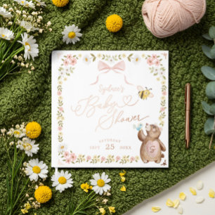 Knitted Woodland Bear Floral Pink Bow Baby Shower Guest Book