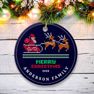 Knitted Xmas Pattern on Navy Blue Merry Christmas  Ceramic Ornament