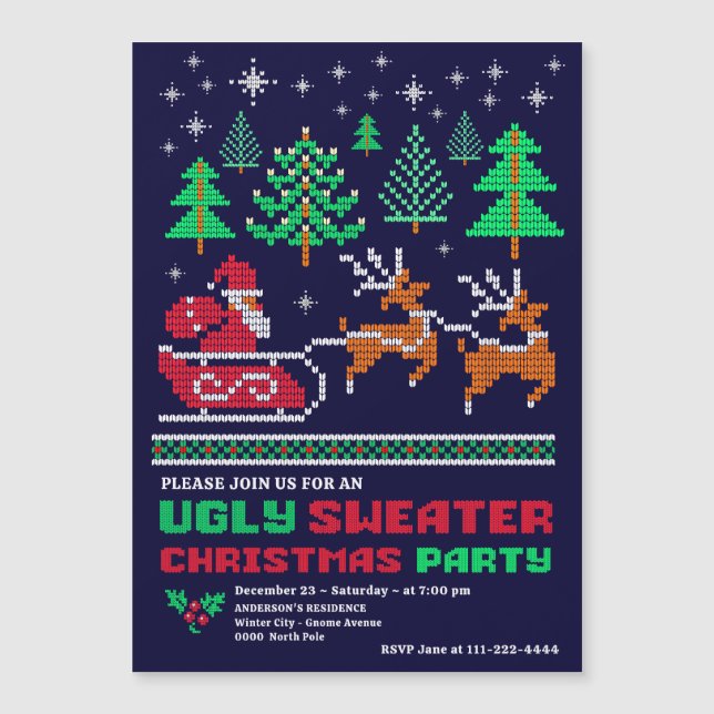 Knitted Xmas Pattern Ugly Sweater Christmas Party  Magnetic Invitation (Front)