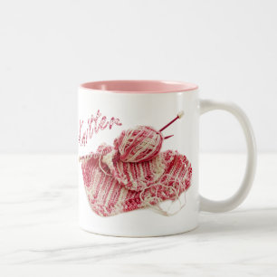 "Knitter" Pink and White Hand Knit Photo Two-Tone Coffee Mug