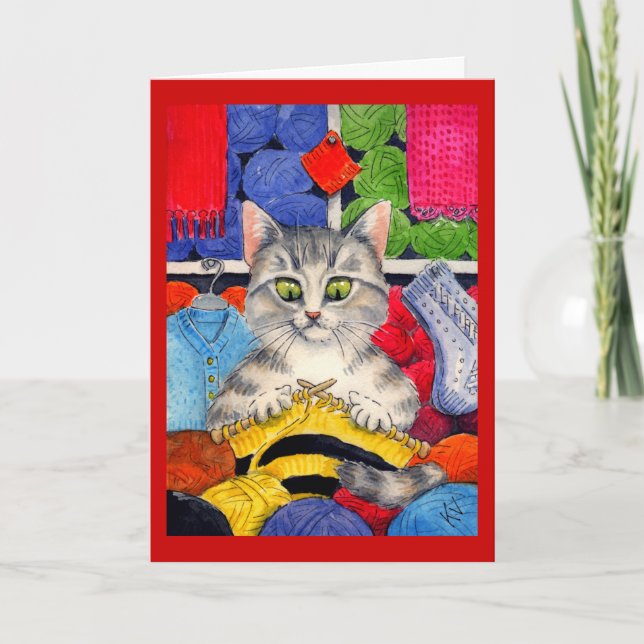 Knitting cat greeting or note card (Front)