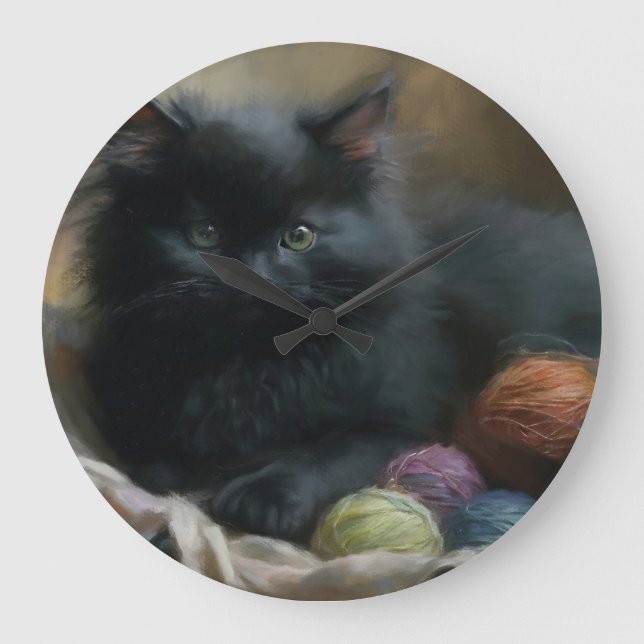Knitting Companion Black Kitten With Yarn Large Clock (Front)