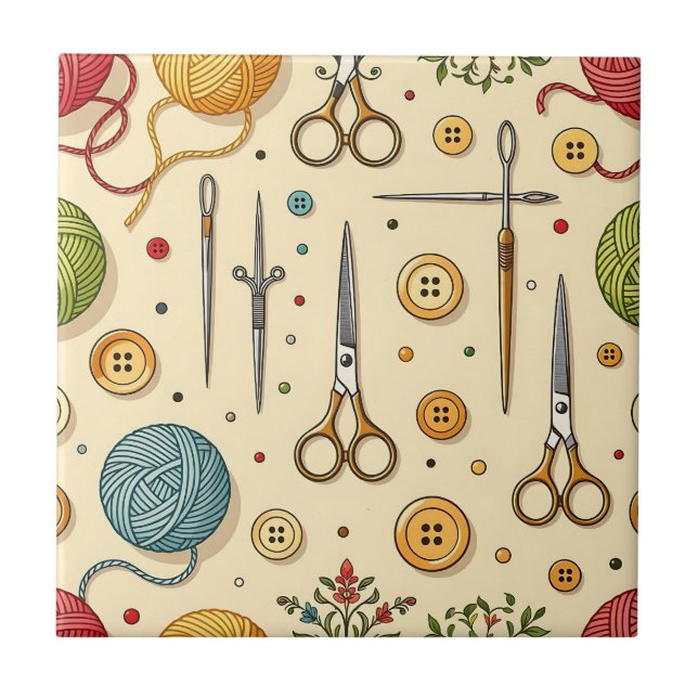 Knitting Crochet Sewing Tools Pattern Ceramic Tile (Front)