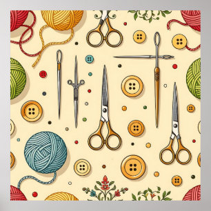 Knitting Crochet Sewing Tools Pattern Poster