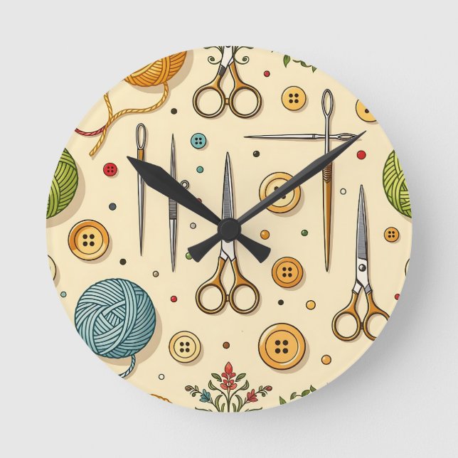 Knitting Crochet Sewing Tools Pattern Round Clock (Front)
