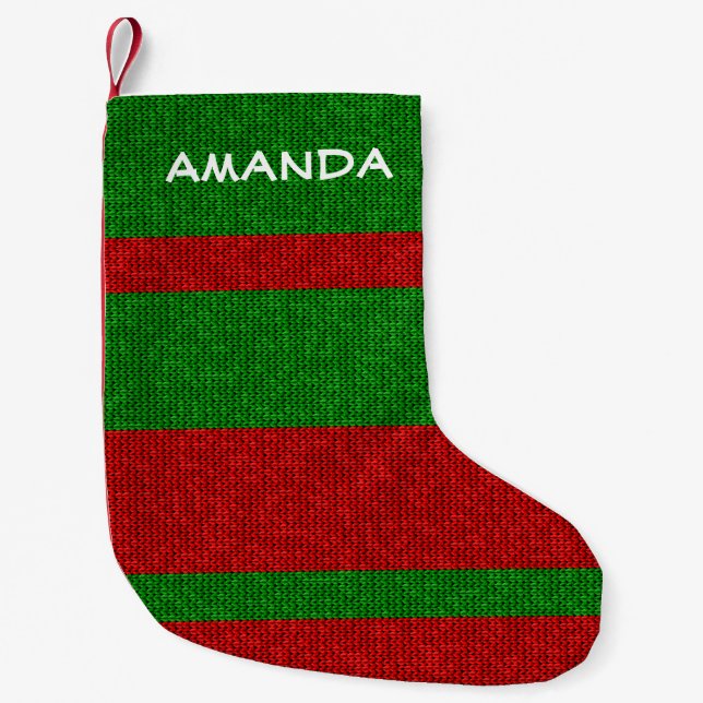 Knitting Festive Red Green Stripes Name Small Christmas Stocking (Front)