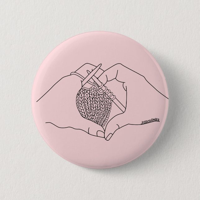 Knitting Hands Heart Pink Line Drawing 6 Cm Round Badge (Front)